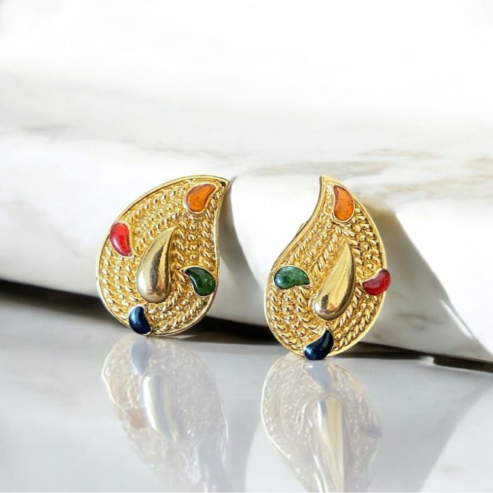 Vintage Avon Gold Teardrop Earrings with Multicolor Enamel Accents